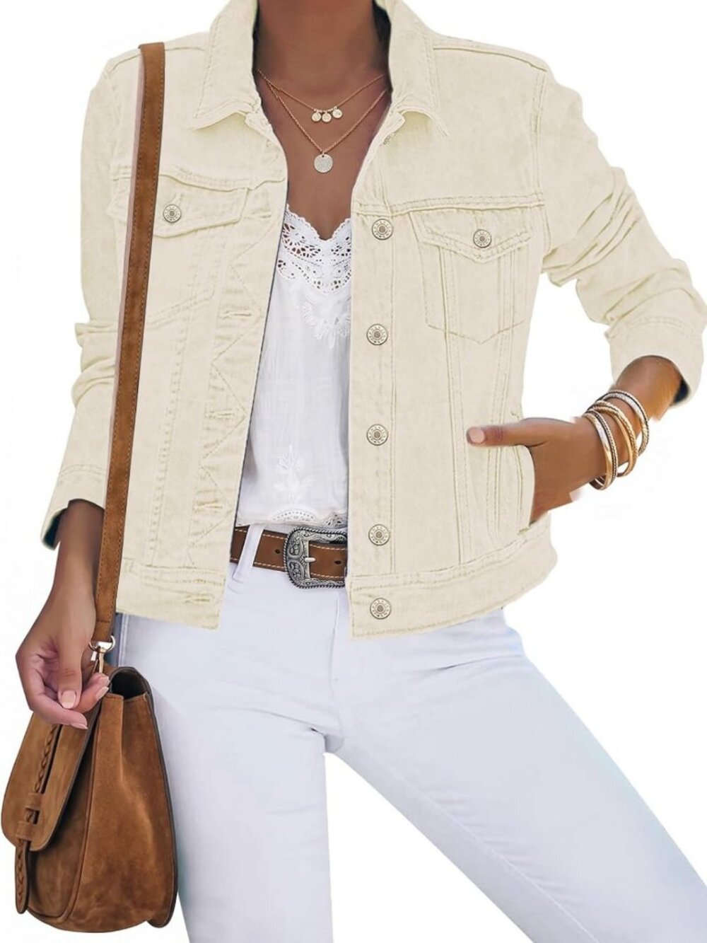 Stylish Women's Fitted Denim Jacket with Button Down, Long Sleeves & Stretch Fit
